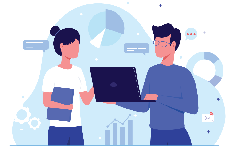 Illustration of two professionals collaborating with analytics and charts